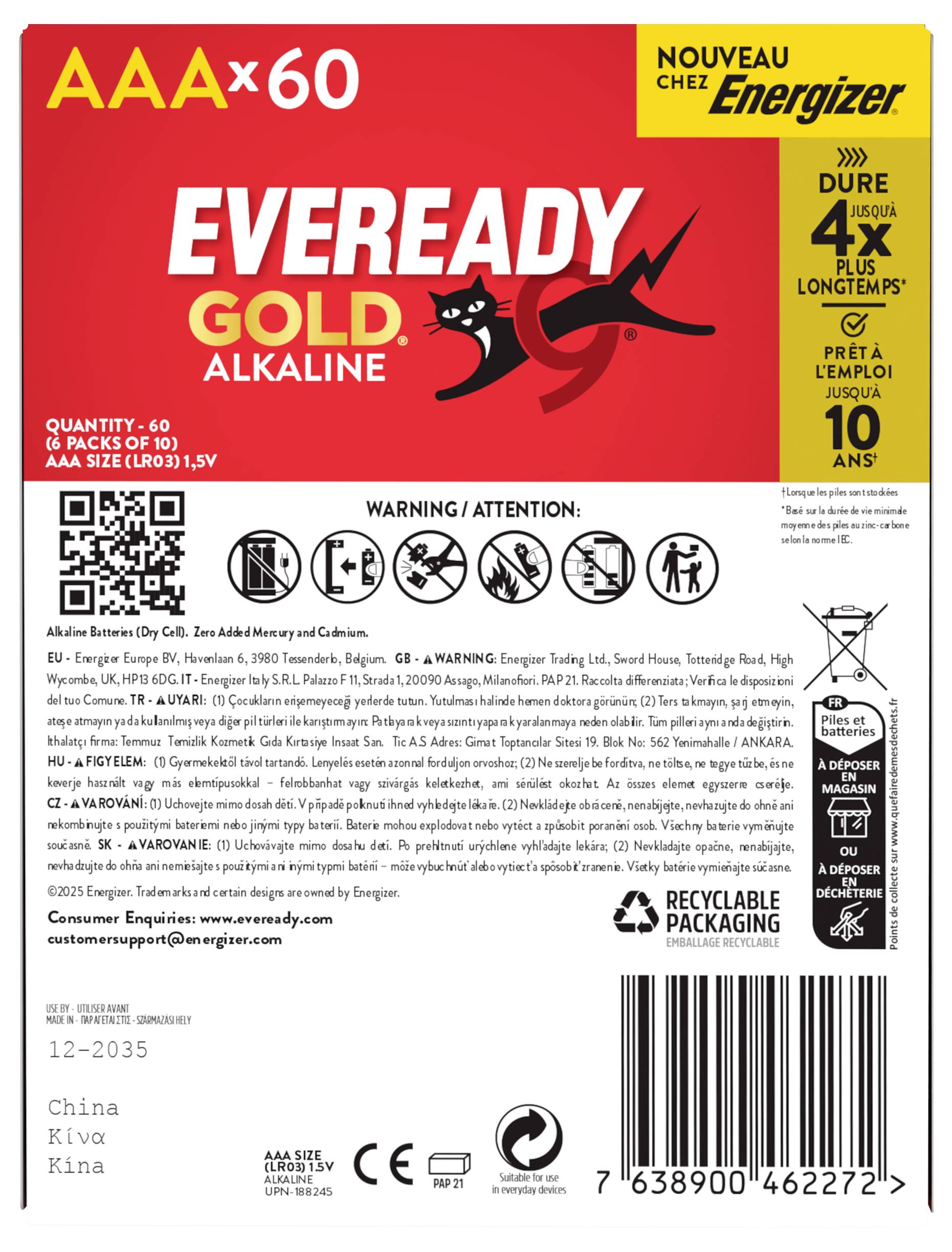 Predný strana balenia Energizer Eveready Gold AAA alkalických batérií pre 60 batérií, s tvrdeniami „Trvajú 4-krát dlhšie" a „Pripravené na použitie až 10 rokov", plus QR kód a čiarový kód.
