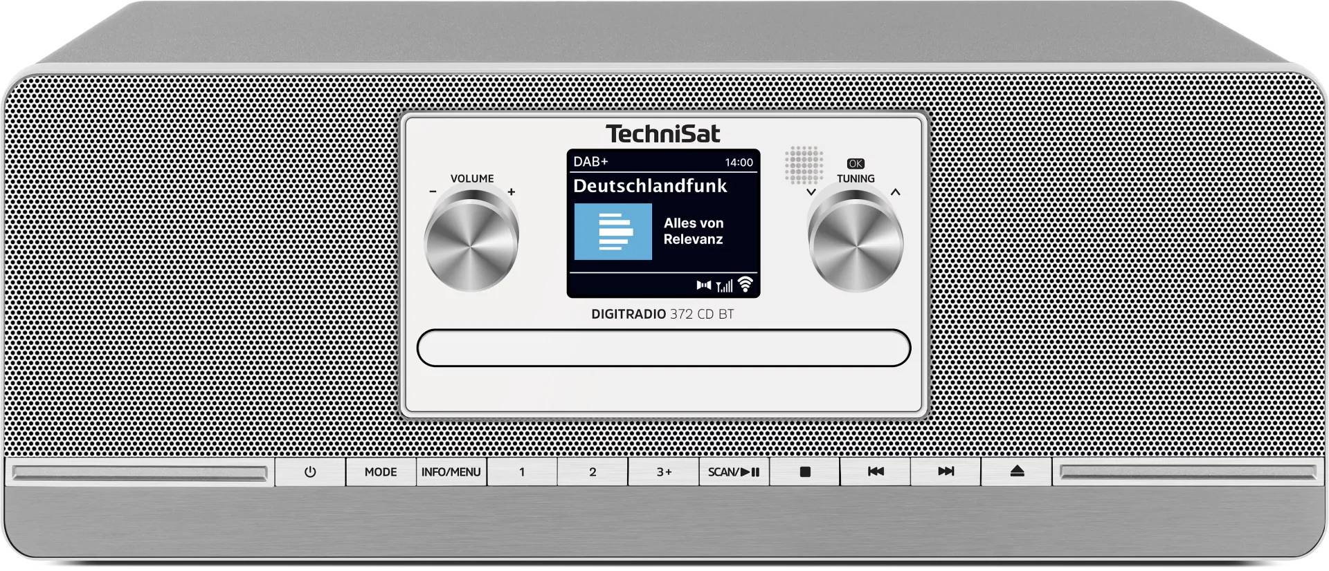 Predný pohľad strieborného digitálneho rádia TechniSat s displejom zobrazujúcim „Deutschlandfunk" a tlačidlami pre hlasitosť, ladenie, režim a predvoľby.