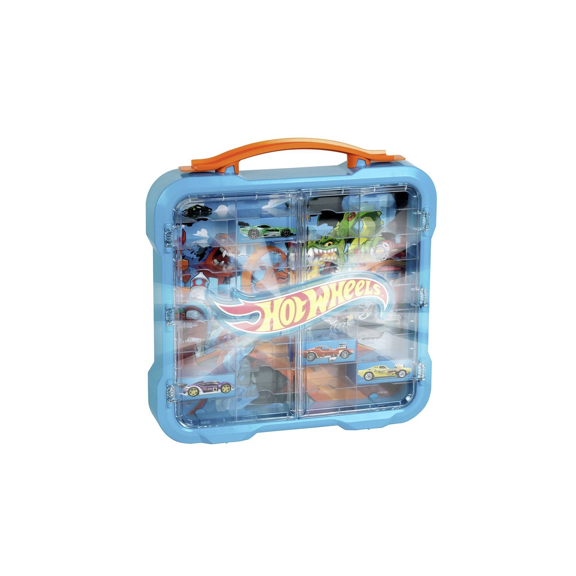 Modrý úložný box na autíčka Hot Wheels s oranžovým rukoväťou a priehľadným predným panelom, v ktorom je viditeľných niekoľko miniatúrnych autíčok vo vnútri