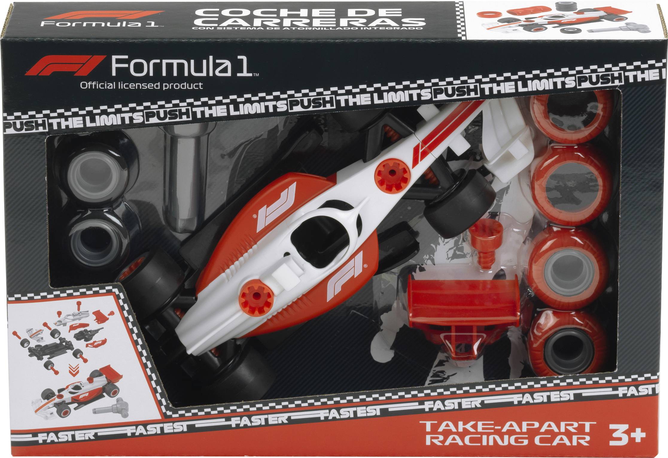 Súprava závodného auta Formula 1 na rozobíranie v krabici s priloženým nástrojom, náhradnými dielmi a označením vek 3+