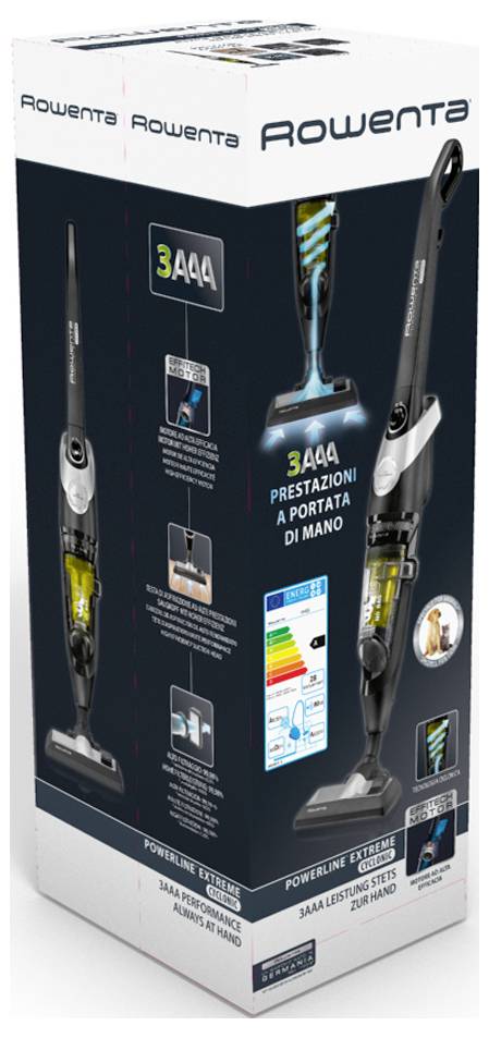 Rowentov vysávač v boxovom balení s ručným zvislým vysávačom 3AAA s ikonami funkcií a obrázkami produktu na čierno-bielom balení.
