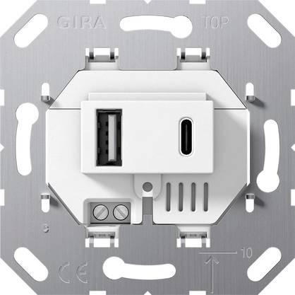 Modul zásuvky USB do zásuvky s jedným portom USB-A a jedným portom USB-C na striebornej montážnej doske Gira.