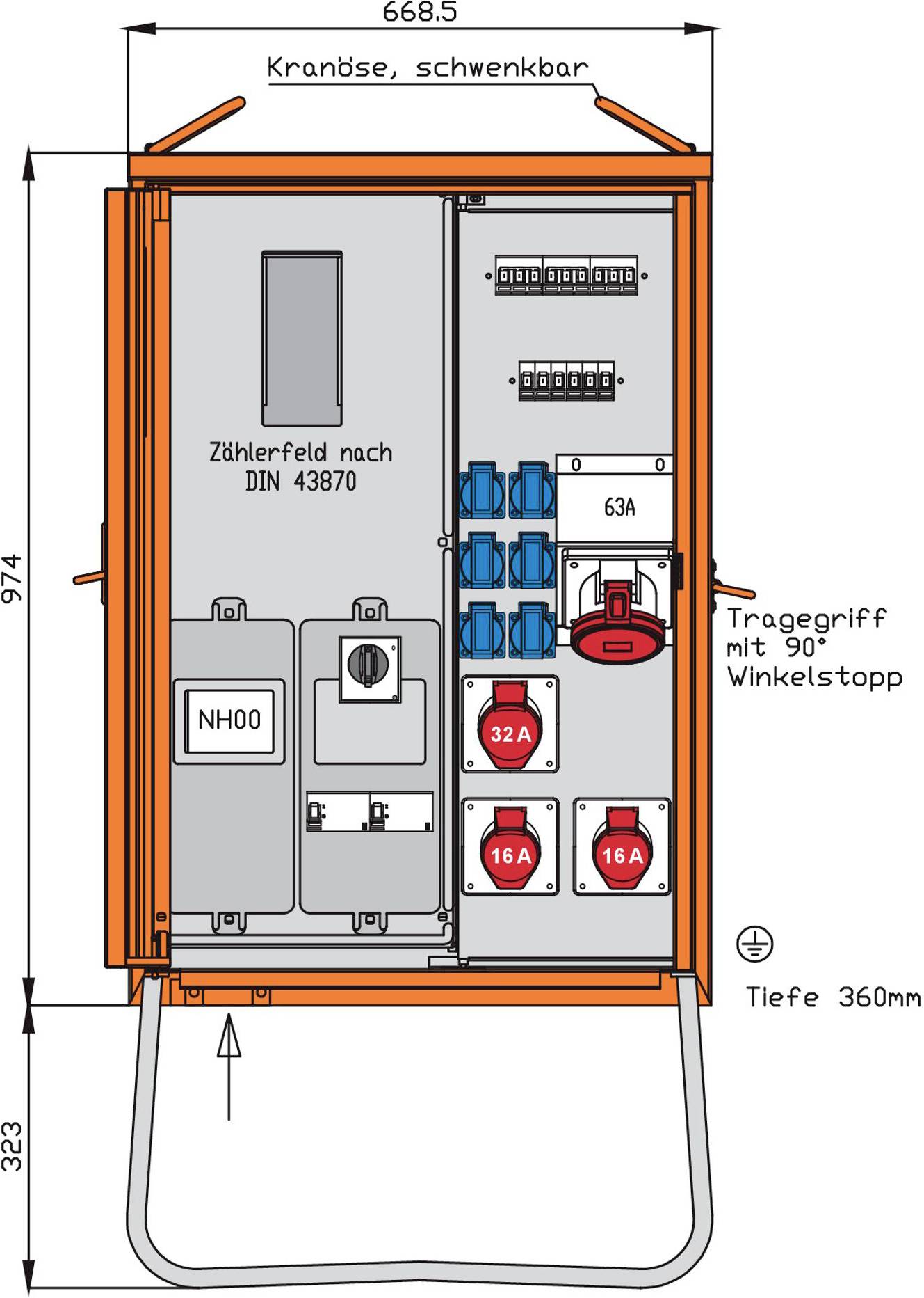 Označený technický nákres elektrickej skrine s rozmermi a vnútorným usporiadaním s meračmi, ističmi, zásuvkami a zdvihacími rukoväťami.