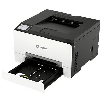 Xeroxová laserová tlačiareň s otvoreným výstupným zásobníkom, zobrazujúca zásobník na papier a ovládací panel na vrchu.