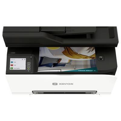 Pohľad spredu na tlačiareň Xerox C303 s otvoreným krytom skenera, ktorý zobrazuje farebný dokument na skle a dotykovú ponuku s možnosťami Kopírovať, Poslať e-mailom a Uložiť do DropBoxu.