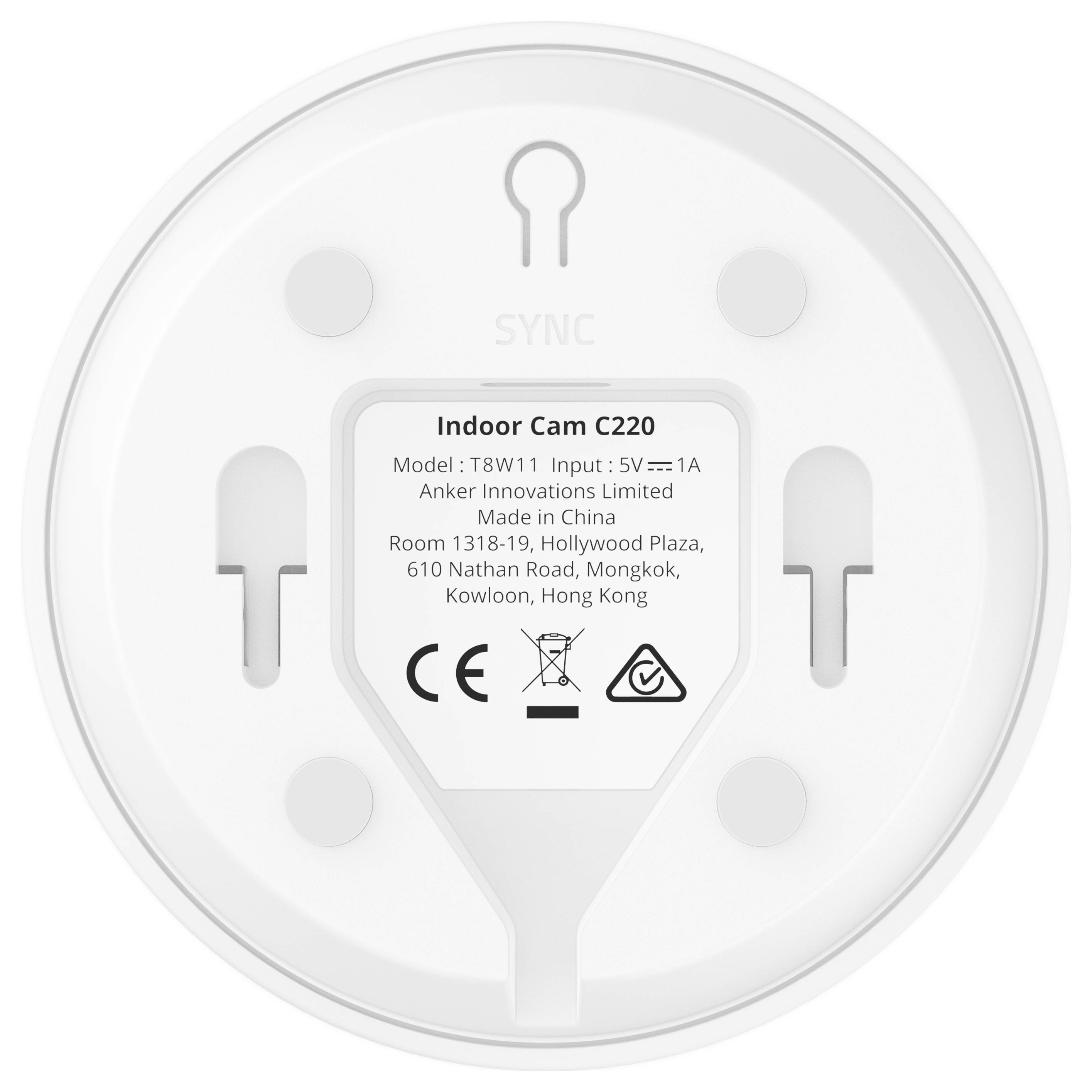 Spodný štítok kamery Anker Indoor Cam C220 s modelom T8W11, vstup 5V 1A, adresa výrobcu a bezpečnostné symboly CE/WEEE.