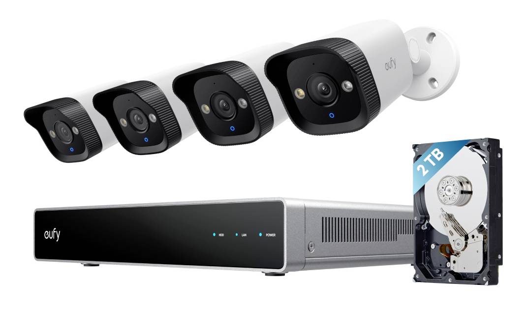Systém bezpečnostných kamier so štyrmi guľometovými kamerami, domácou základňovou jednotkou a 2TB pevným diskom na lokálne uskladňovanie videa.