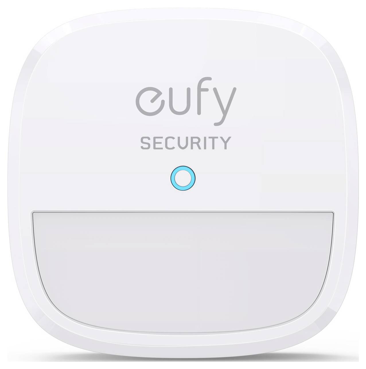 Zariadenie Eufy Security namontované na stenu s žiariaci modrým stavovým indikátorom a dolným prístupovým panelom, znázornené na bielom pozadí.