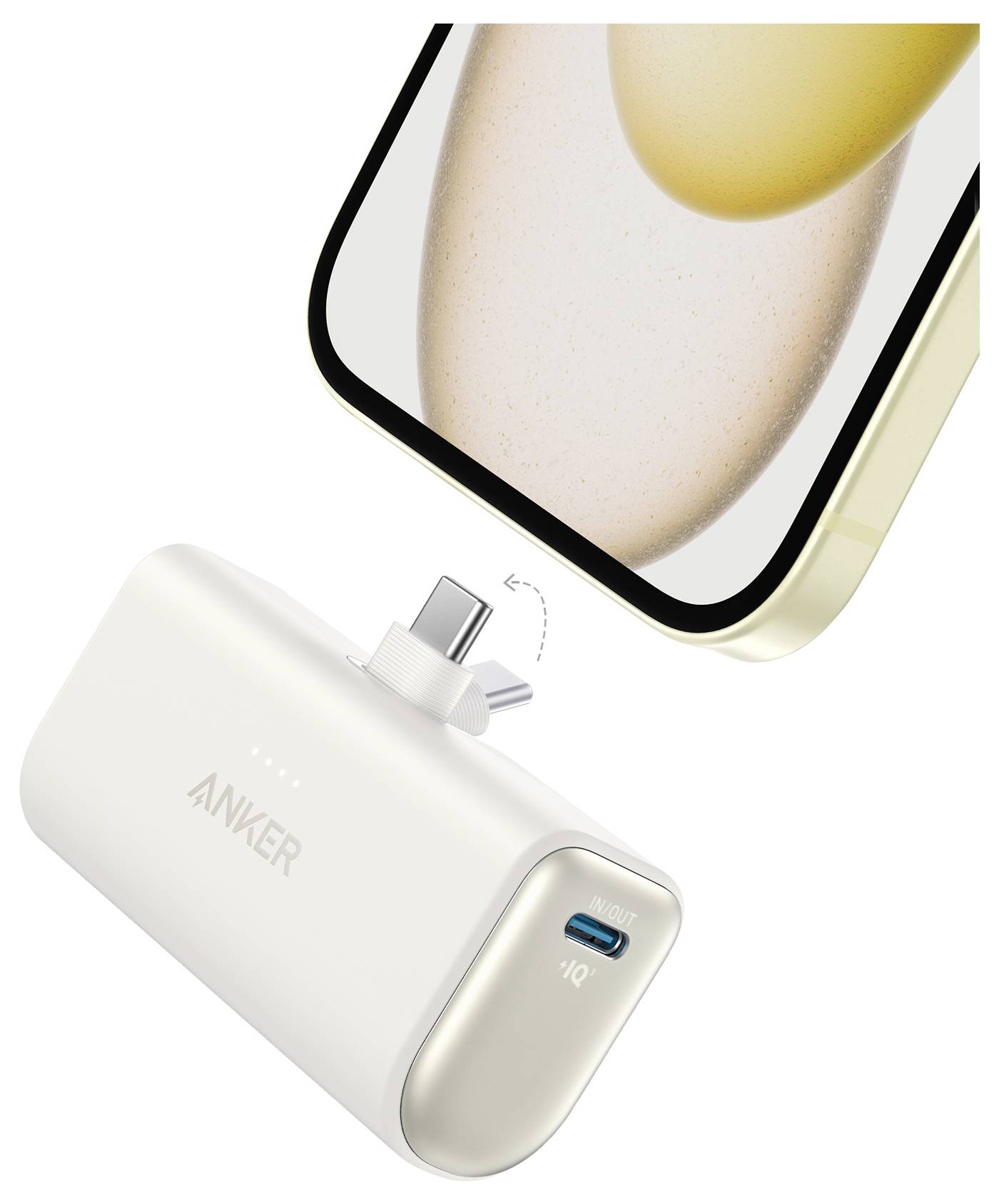 Anker powerbank s vstavaným nabíjacím kablom zapojený do smartfónu, s nákazom prenosného rýchleho nabíjania.