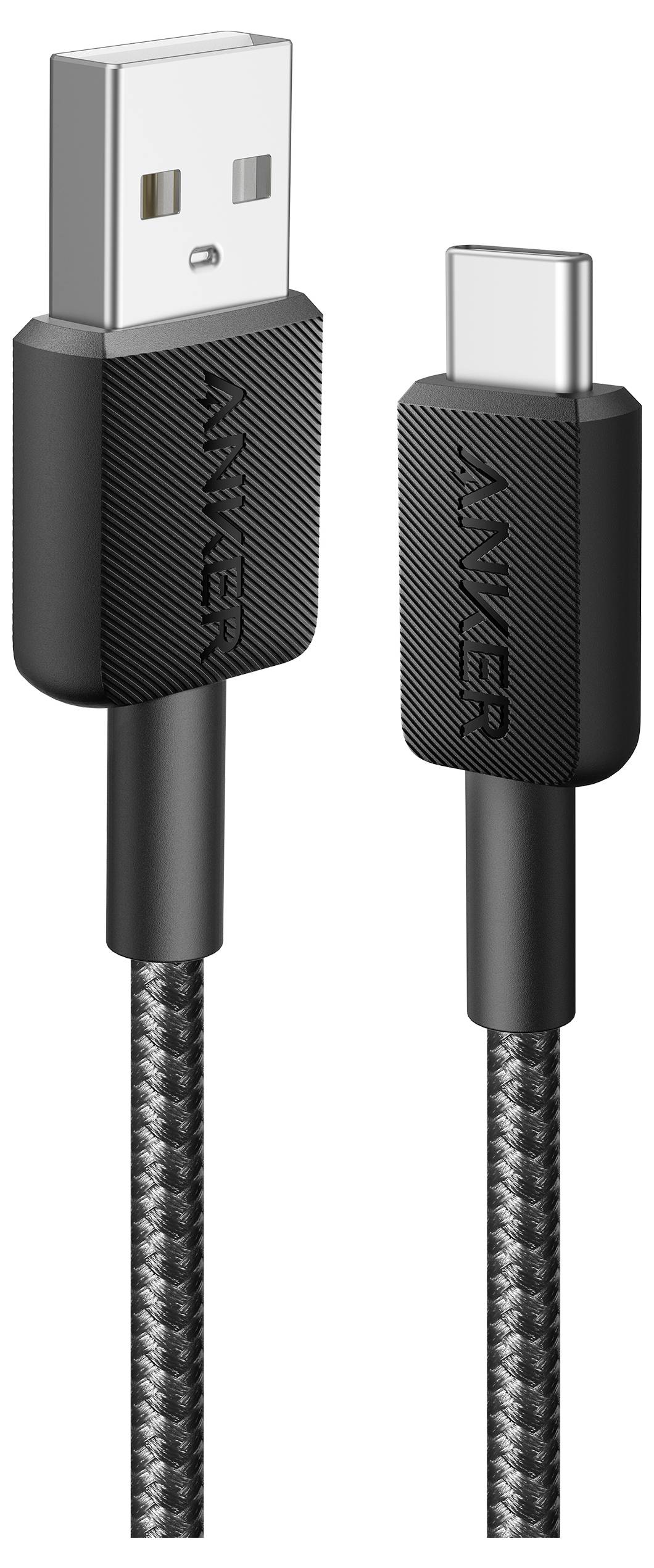 Zblízka záber na pletený kábel USB-A na USB-C s čiernymi konektormi Anker, zobrazený ako produktový obrázok na bielom pozadí.