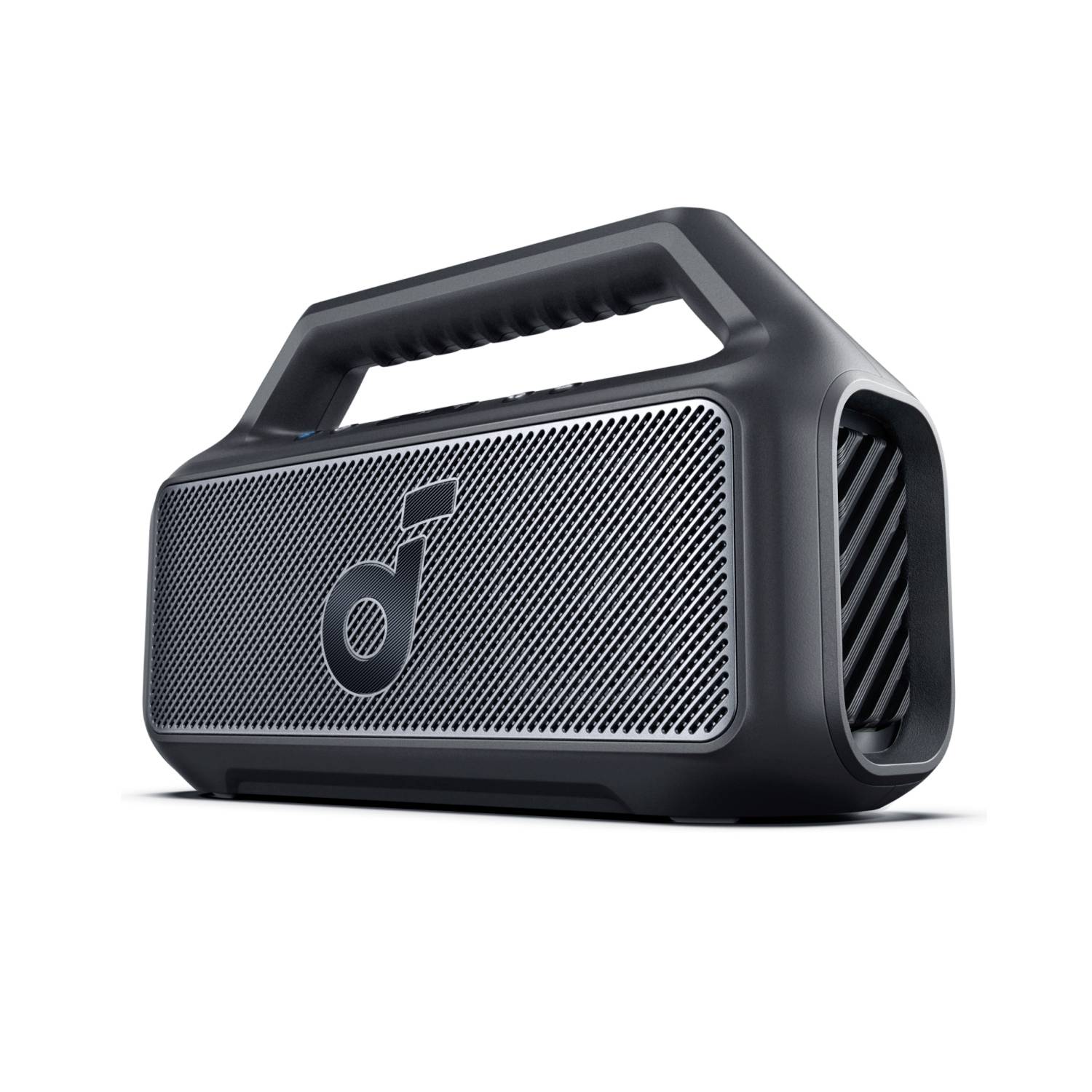 Čierny prenosný Bluetooth reproduktor s vstavanými rukoväťami a veľkou prednou mriežkou na bielom pozadí.