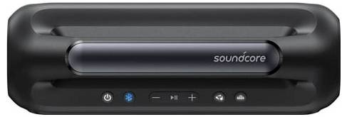 Prenosný Bluetooth reproduktor Soundcore s rukoväťou, predný ovládací panel napájania a prehrávania, zobrazený v čiernej farbe.