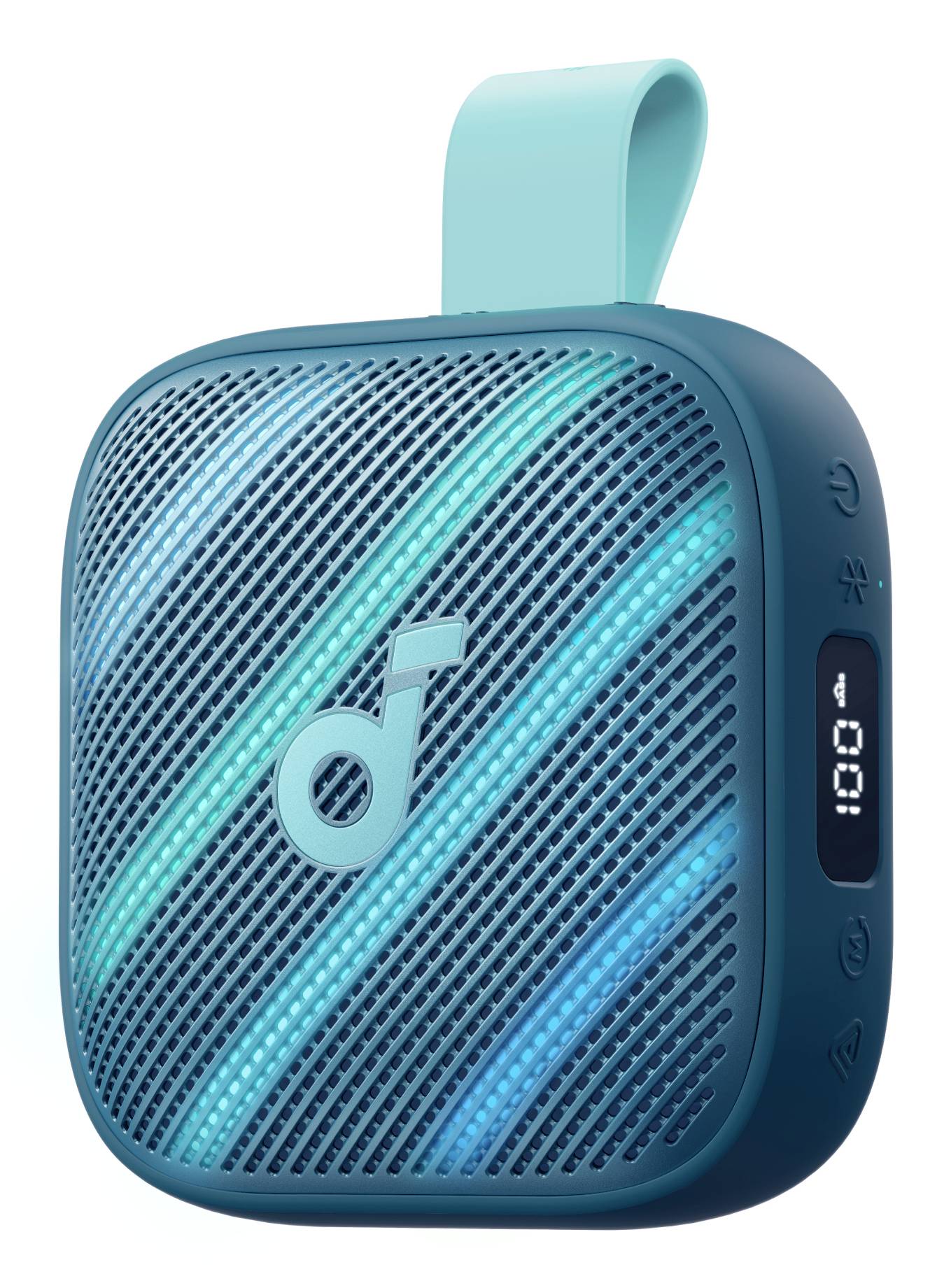 Kompaktný tyrkysový prenosný Bluetooth reproduktor s textilnou slučkou a digitálnym displejom na boku.