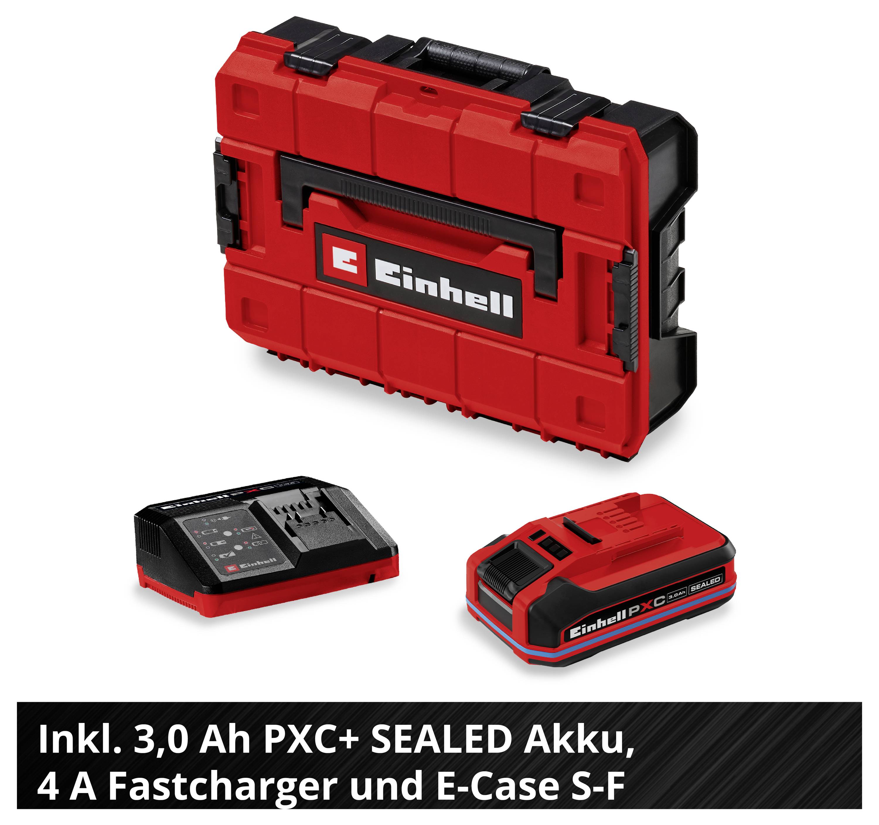 Einhell E-Case S-F s 3,0-Ah PXC+ SEALED batériou a rýchlonabíjačom 4 A; na obrázku sú tiež batérie a kufor.