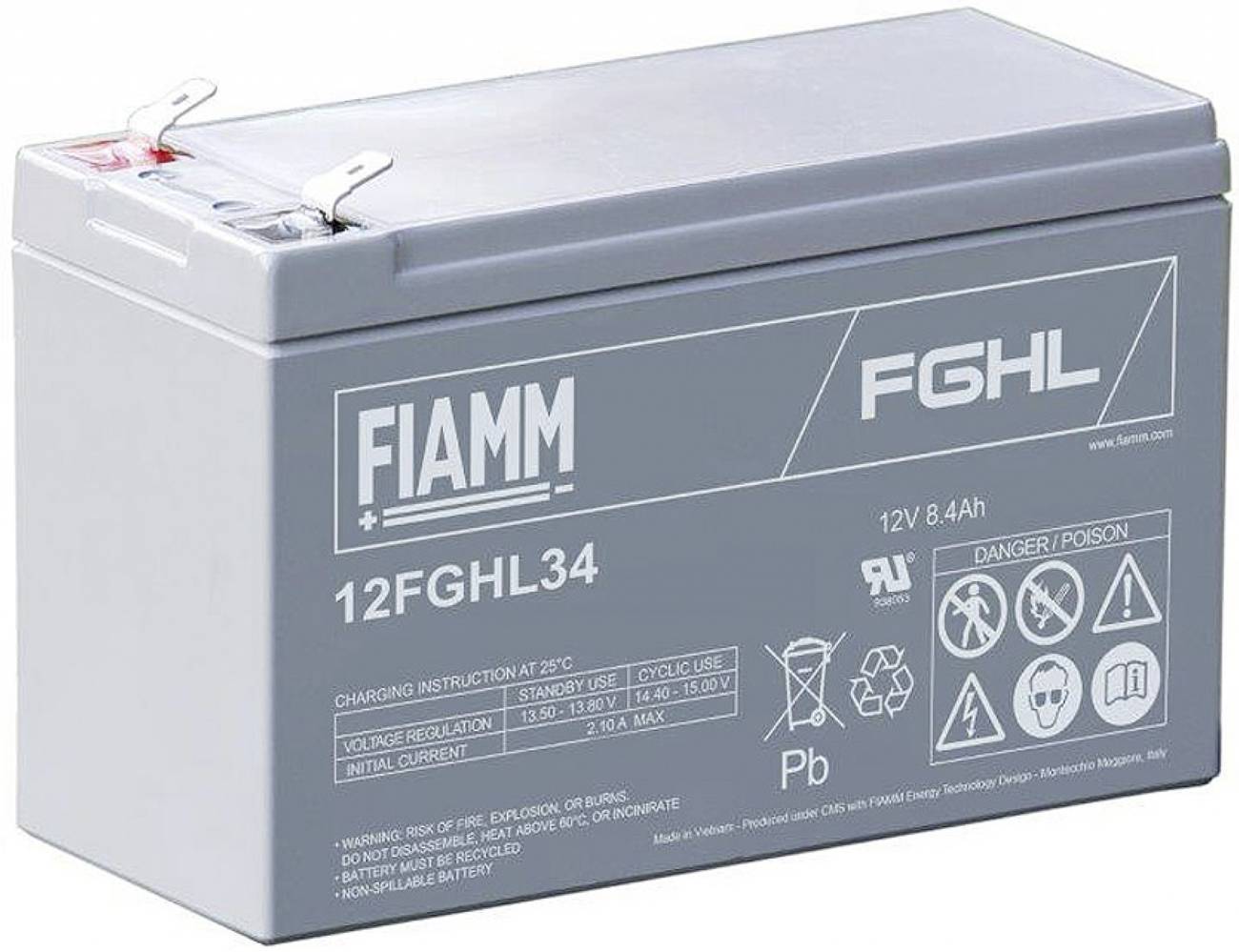 Sivá batéria FIAMM 12FGHL34 12V 8,4Ah s utesnením na báze olovnatej kyseliny s hornými svorkami a symbolmi nebezpečenstva.