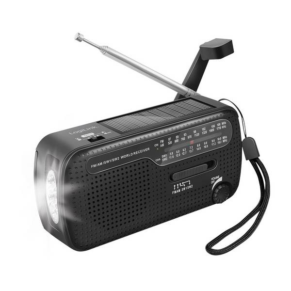 LogiLink SP0074 SP0074 Nouzové rádio, AM, FM, Ručná kľučka, solárny panel, Funkcia powerbanky, vreckové svietidlo, možné znovu nabíjať, čierna