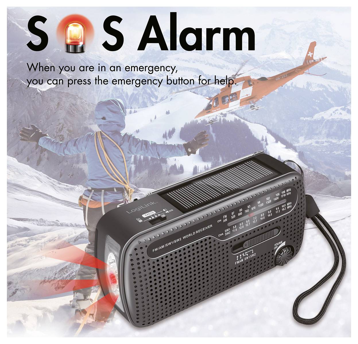 LogiLink SP0074 SP0074 Nouzové rádio, AM, FM, Ručná kľučka, solárny panel, Funkcia powerbanky, vreckové svietidlo, možné-9