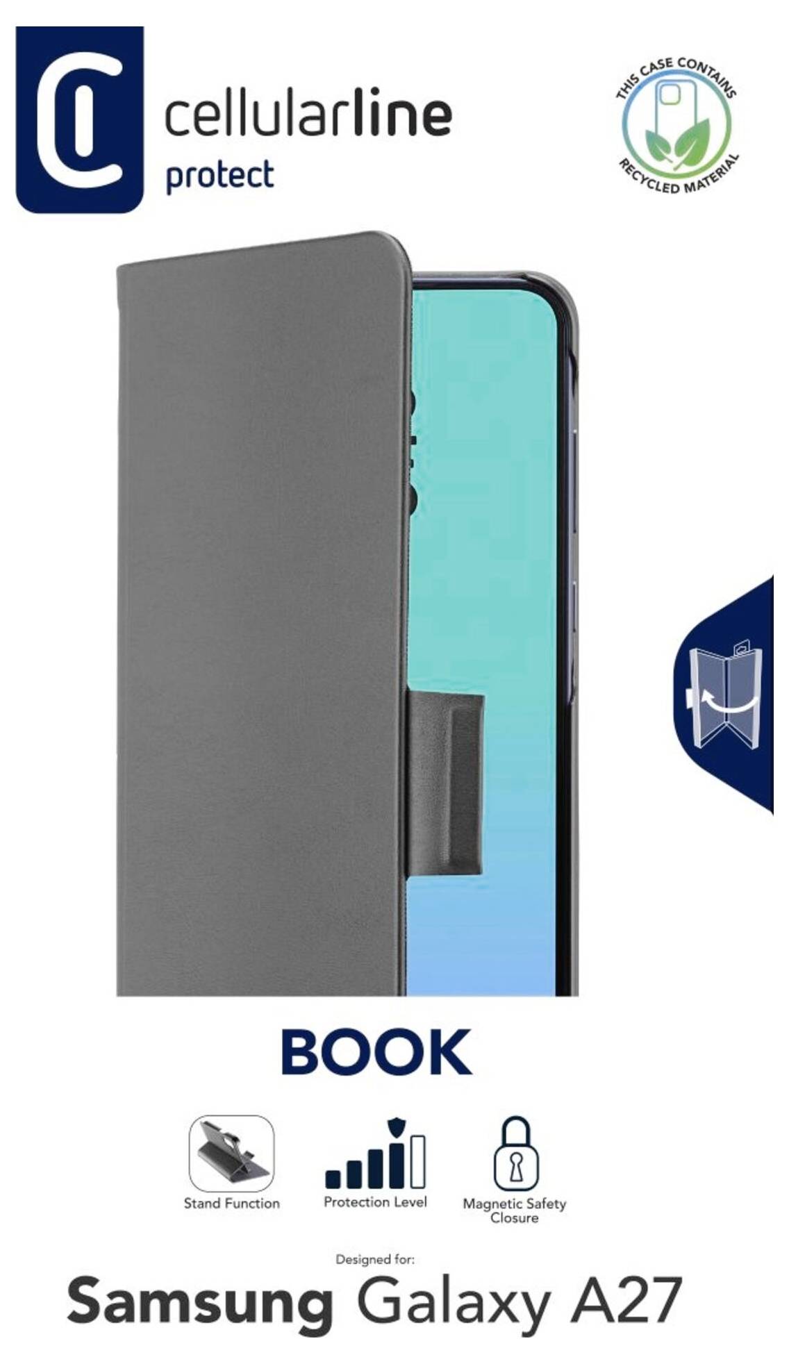 Puzdro Cellularline Protect v štýle knižky pre Samsung Galaxy A27 v sivej farbe, zobrazené otvorené s funkciou stojanu a ikonami magnetického zatváracieho systému.