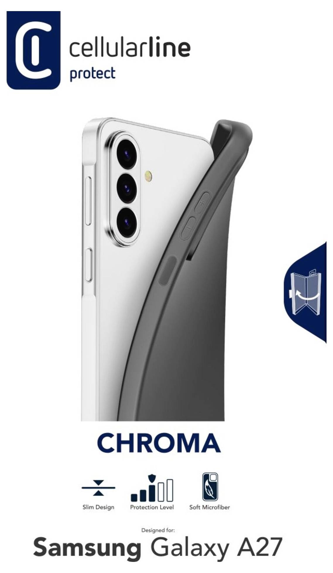 Puzdro na telefón Cellularline Protect Chroma pre Samsung Galaxy A27, zobrazené na bielom telefóne s výrezom na kameru a ikonami tenkého dizajnu.