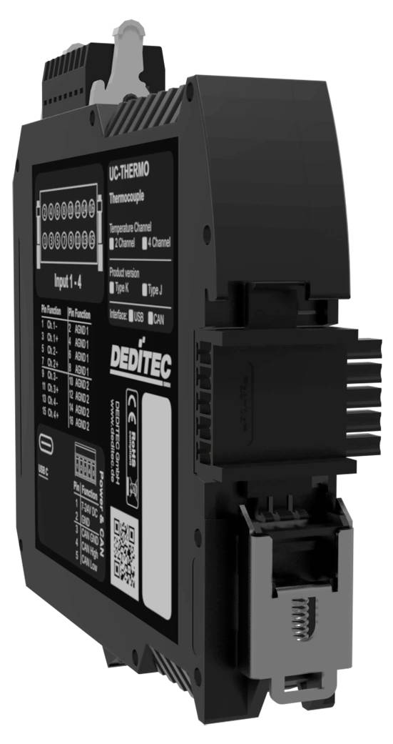 Čierny priemyselný elektronický modul na DIN-lištu s označením „UC-THERMO" a „DEDTEC", s blokmi svoriek a predným displejom.