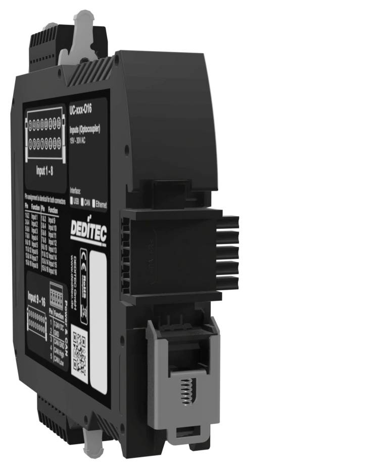 Čierny priemyselný elektronický modul s označenými schémami vstupných/výstupných svoriek a portmi konektorov, zobrazený na bielom pozadí.