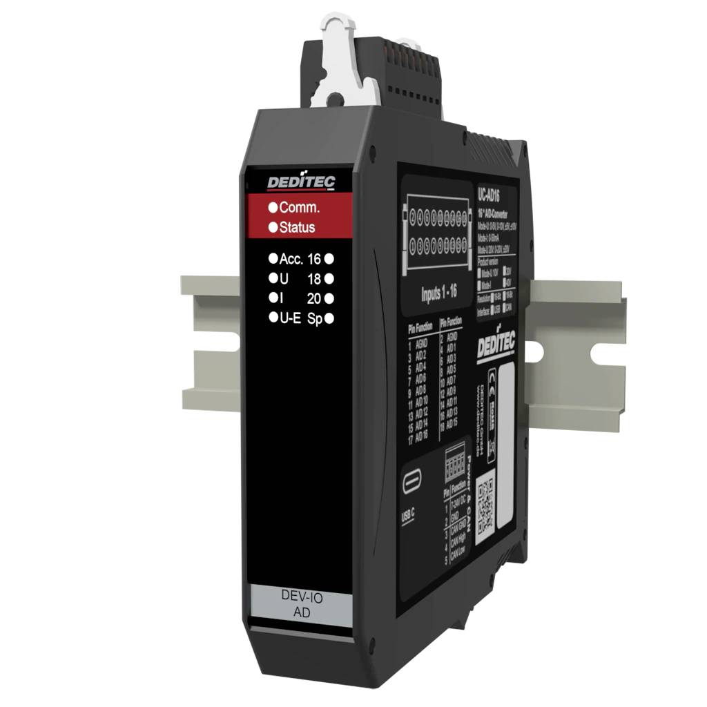 Čierny priemyselný modul DEDITEC na DIN lištu so stavovými LED diódami a označením "DEV-IO AD", zobrazený v bočnom pohľade s prípojnými konektormi.