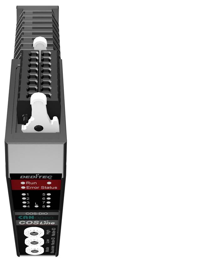 Priemyselný modul Deditec COSLine CAN bus I/O s indikačnými svetlami a očíslovanými svorkami, zobrazený v 3D pohľade produktu.