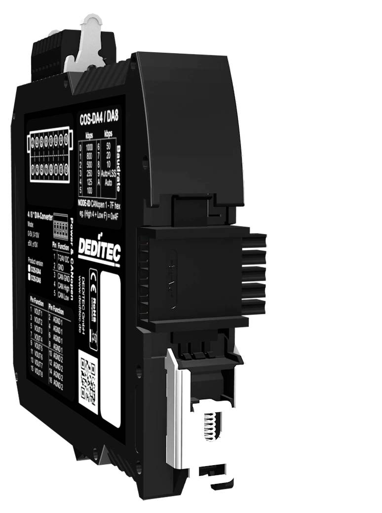 Čierny priemyselný elektronický modul s označenými konektormi, chladičom a značkou DEDTEC, zobrazený na bielom pozadí.