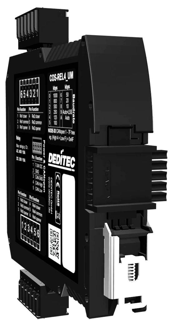 Čierny priemyselný elektronický modul s označeniami a konektormi, pravdepodobne zariadenie DEDITEC COS-BEL4-U/M na bielom pozadí.