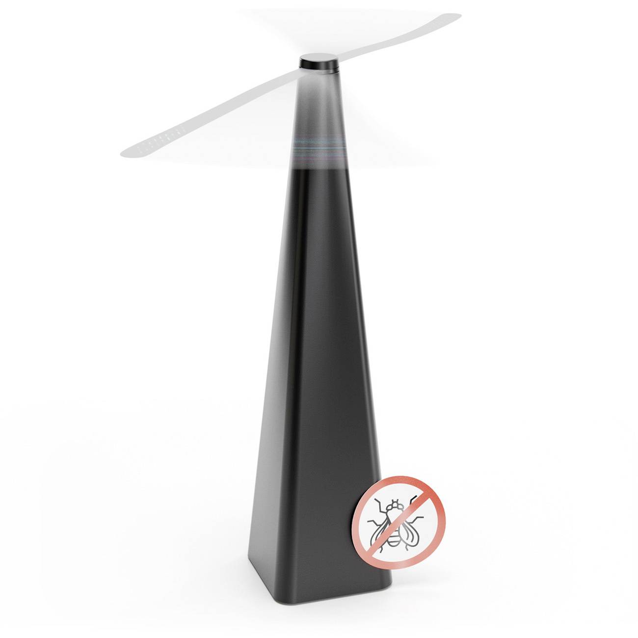 Čierne zariadenie v tvare veže s rotátorom ventilátora v hornej časti a symbolom bez hmyzu, ktorý naznačuje technológiu odpudzovania hmyzu alebo bezchmyzu prúd vzduchu.