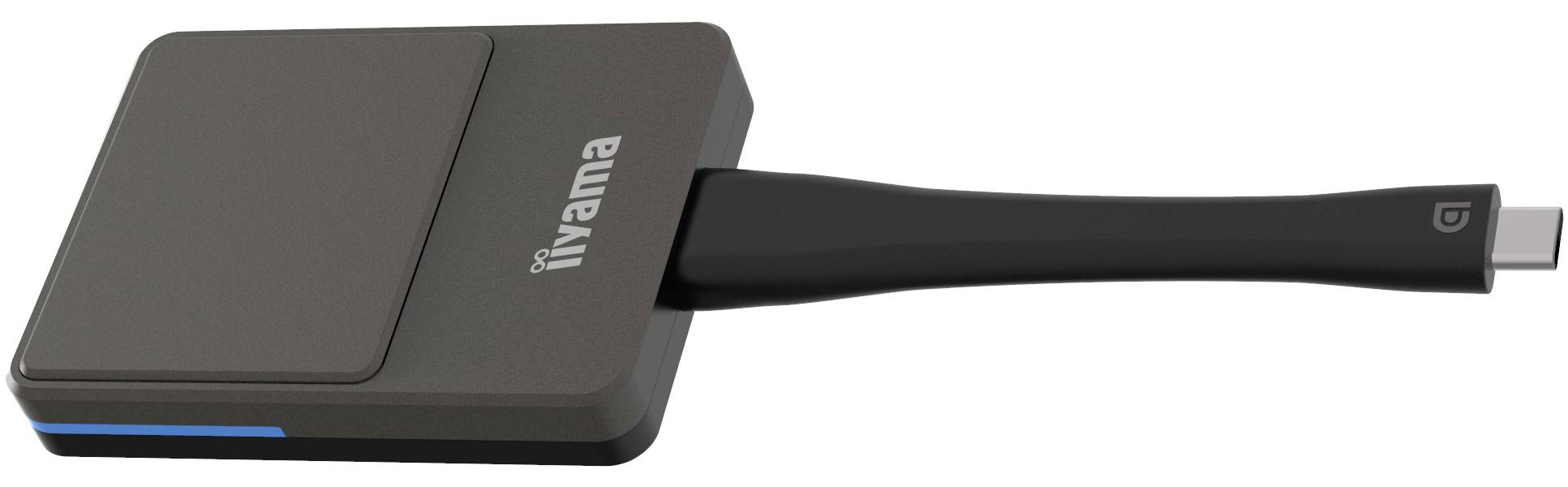 Čierny obdĺžnikový USB-C adaptér alebo rozbočovač Wikana s dlhým pripojeným káblom a modrou kontrolnou lampičkou na prednej strane.