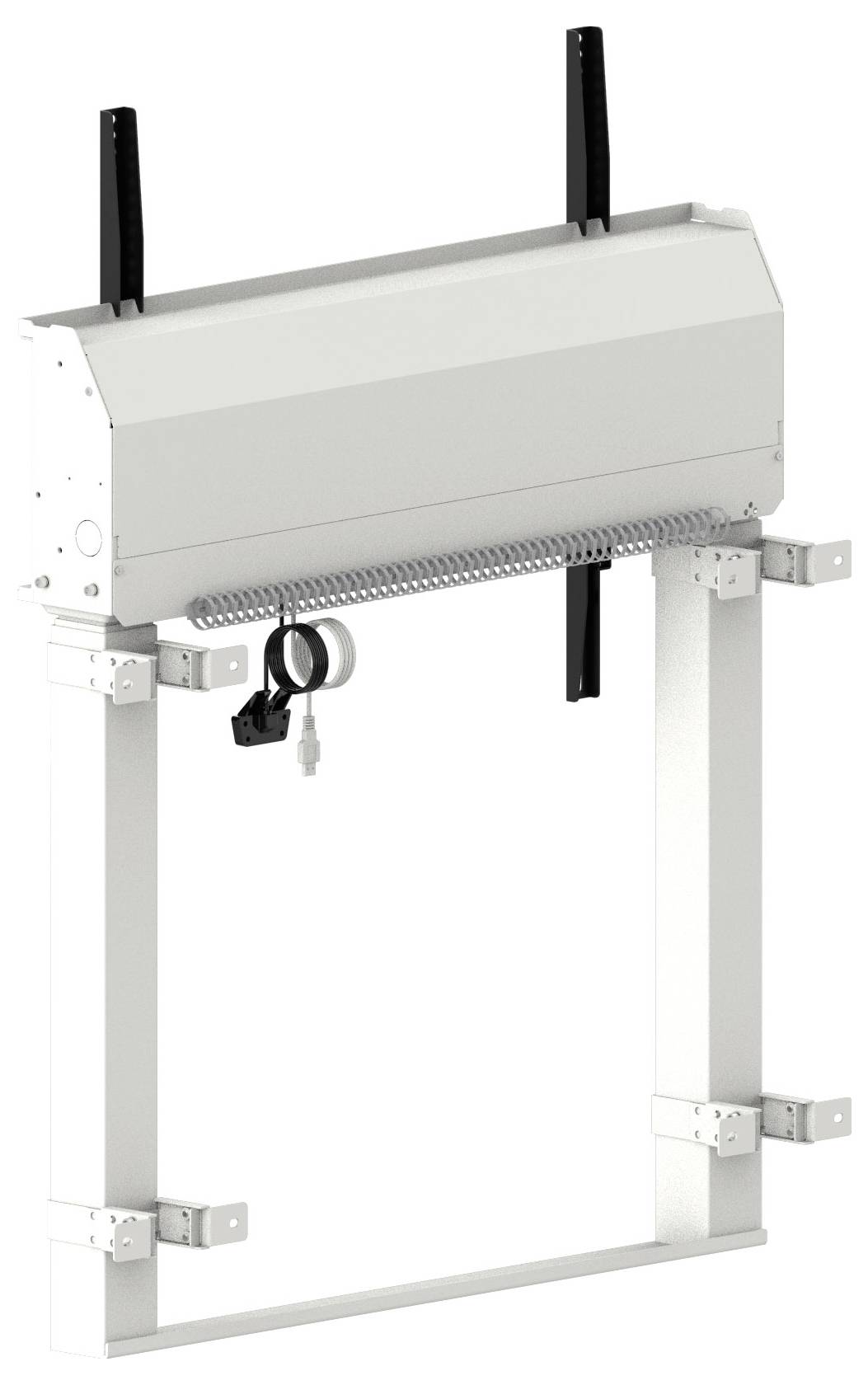 Nástenná obdĺžniková mechanická skrín s dvoma vertikálnymi čiernymi rukoväťami, podperným rámom a zavesením na zámok/kľúč.