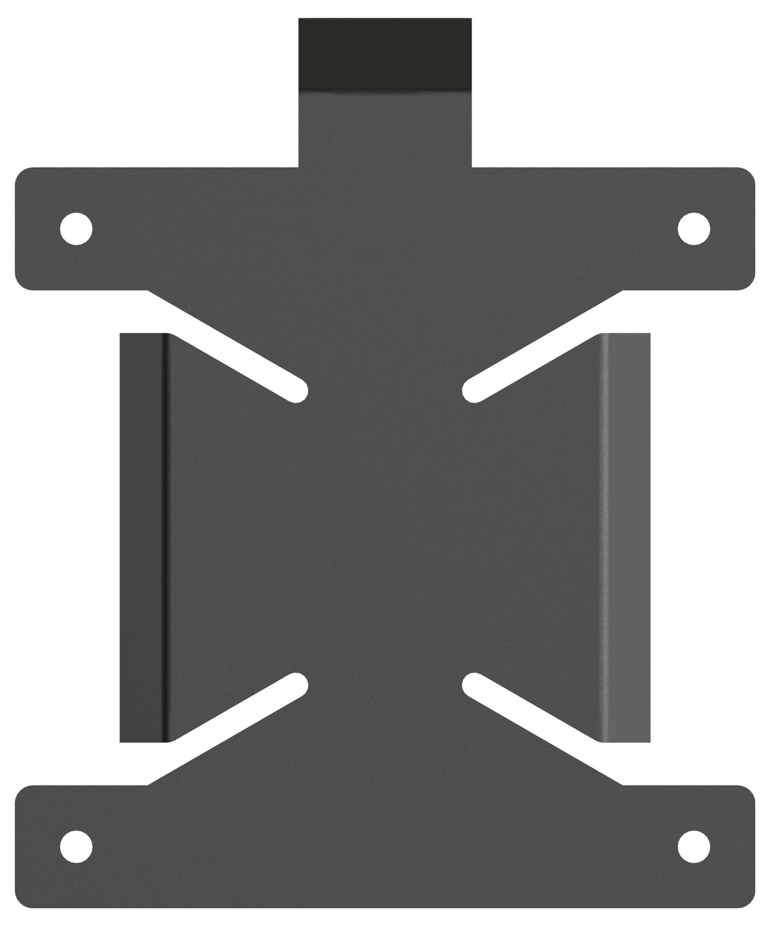 Tmavosivá kovová konzola alebo nástenná montáž so štyrmi otvormi na skrutky a uhlovanými bočnými podporami, zobrazená na bielom pozadí.