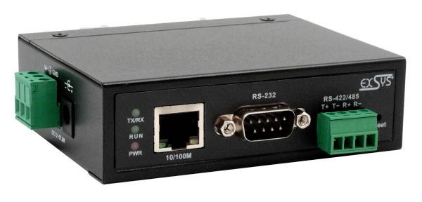 Čierna priemyselná komunikačná prevodová skrinka eSYS s portami Ethernet, RS-232 a RS-422/485 na prednom paneli.