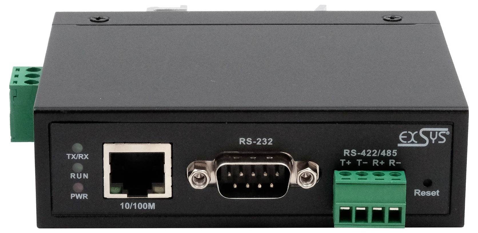 Priemyselný konvertor komunikácie Black Exsys s portmi Ethernet, RS-232 a RS-422/485, spolu s indikátormi TX/RX, RUN a PWR.