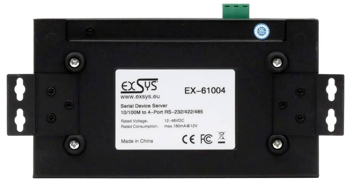 Čierny EXSYS EX-61004 serverový sériový prístroj s montážnymi záložkami a centrálnym štítkom zoznamujúcim porty 10/100M na 4-portový RS-232/422/485.