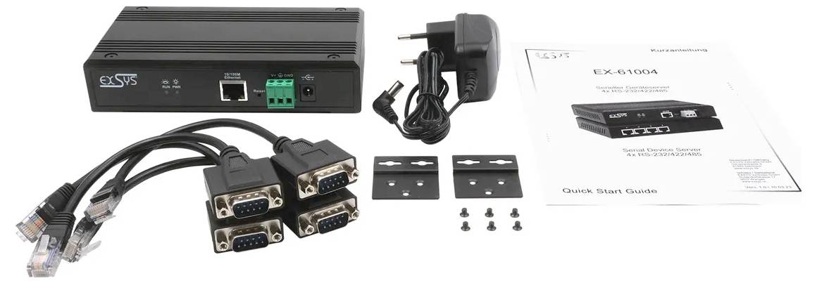 Súprava zariadenia Ethernet s čiernym priemyselným/sériovým rozhraním ExSYS, adaptérom napájania, RS-232 kábľami, montážnymi konzolami, skrutkami a rýchleho sprievodcu spustením.