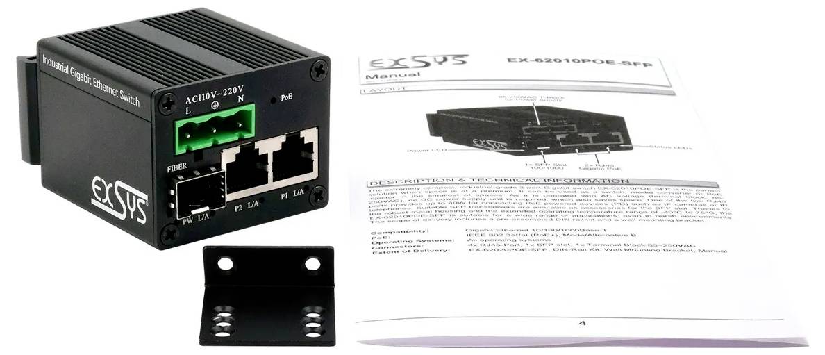 Fotografia priemyselného Ethernet prepínača eSYS s montážnym držiakom vedľa jeho vytlačenej používateľskej príručky.
