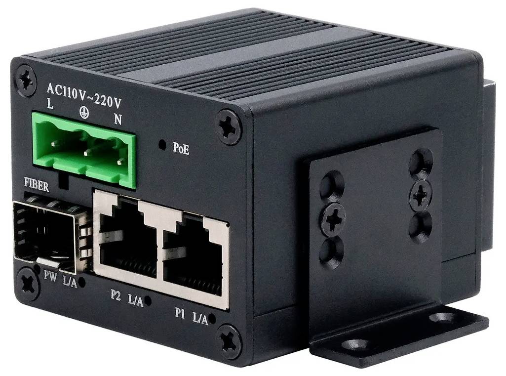 Priemyselné zariadenie PoE so sieťou s vstupom AC110V-220V, optickým portom a dvoma портami Ethernet, zobrazené v čiernom kovovom puzdre s upevňovacou konzolou.
