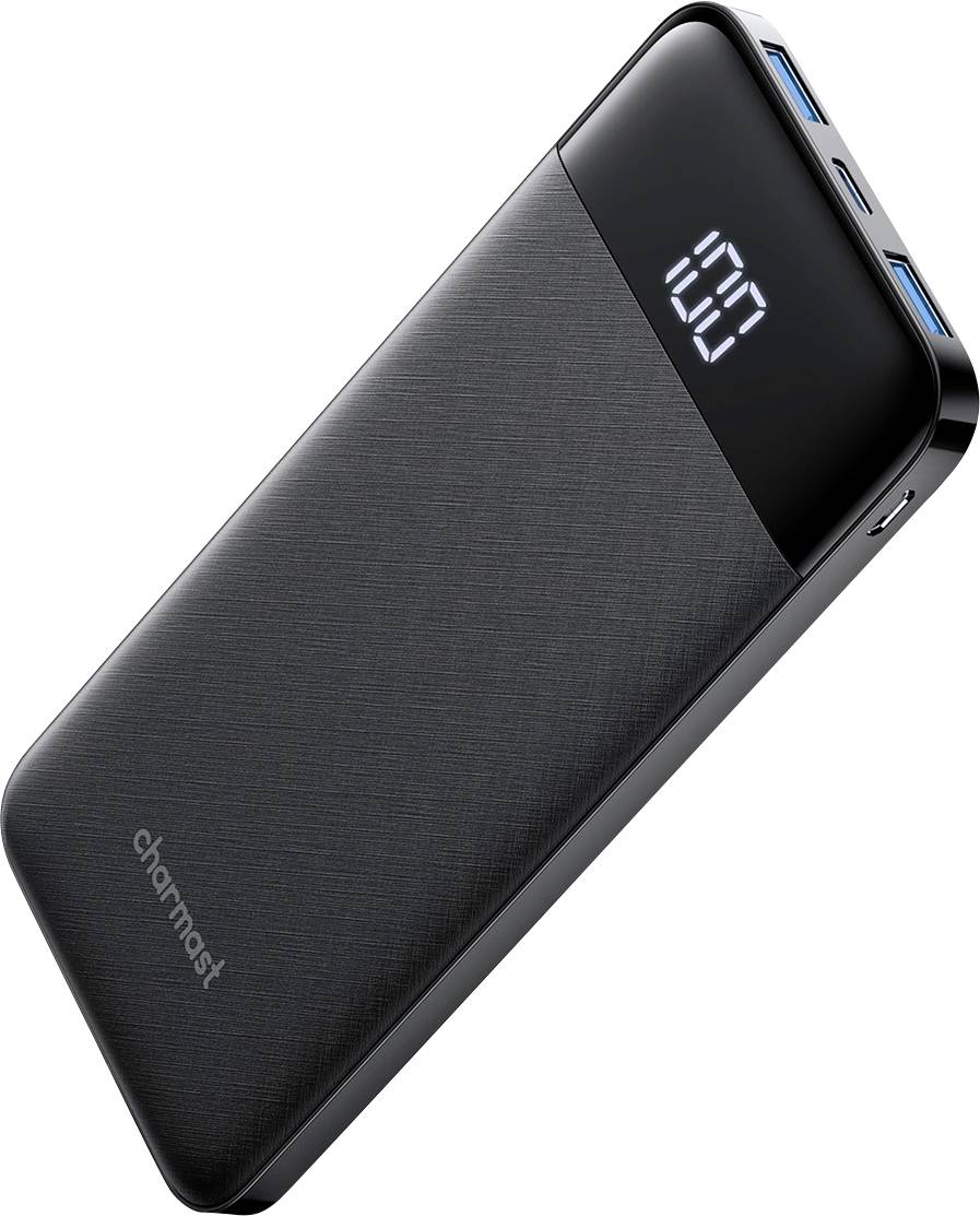 Čierny prenosný powerbank s digitálnym displejom batérie zobrazujúcim 10 a dvomi modrými USB portami na vrchu