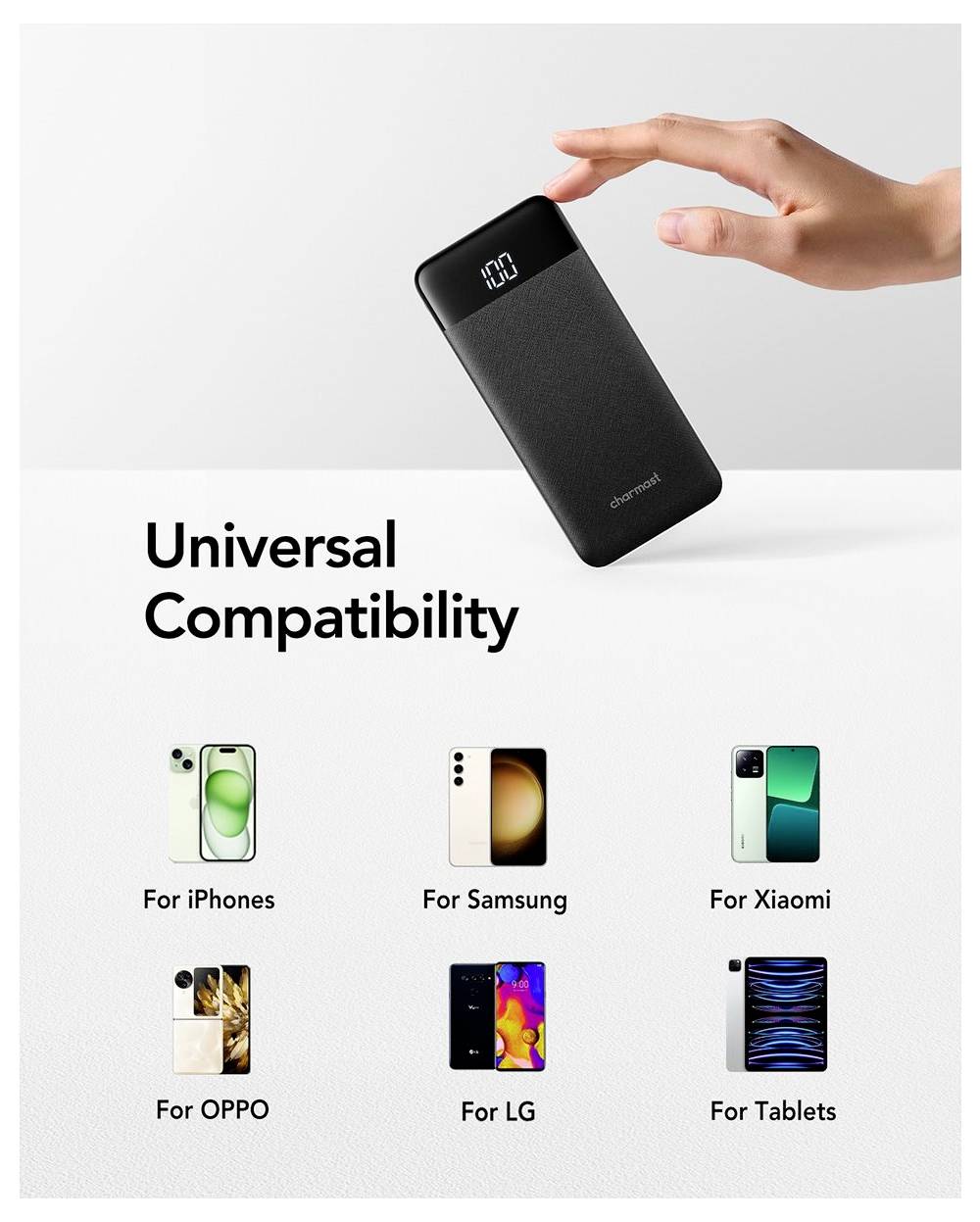 Propagačná grafika prenosnej nabíjačky vznášajúcej sa nad textom "Univerzálna kompatibilita", ktorá ukazuje, že funguje s iPhone, Samsung, Xiaomi, OPPO, LG a tabletmi.