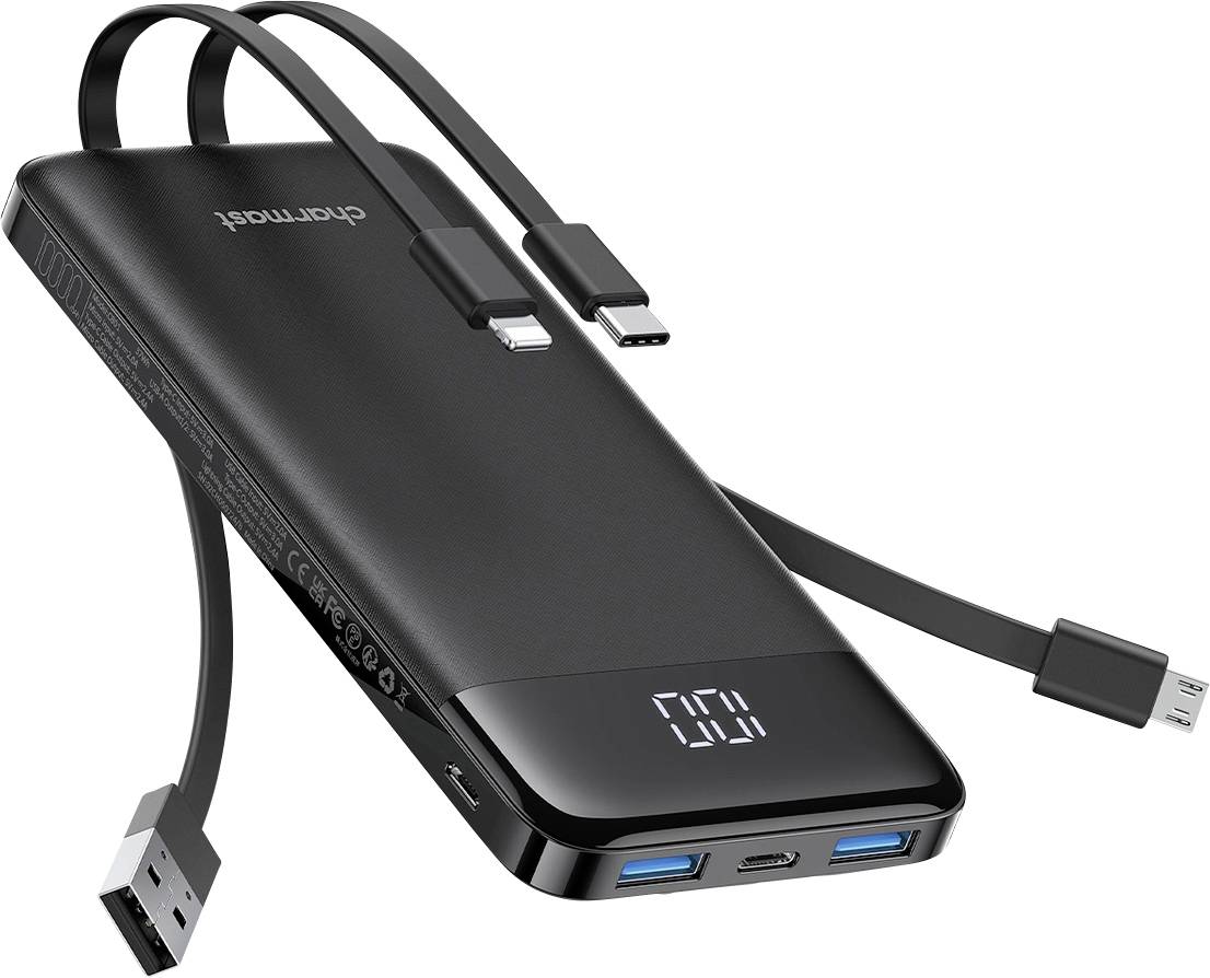 Čierna prenosná batéria so vstavaným USB-A, USB-C a micro-USB kábalom, plus digitálny displej percenta batérie a porty na nabíjanie.