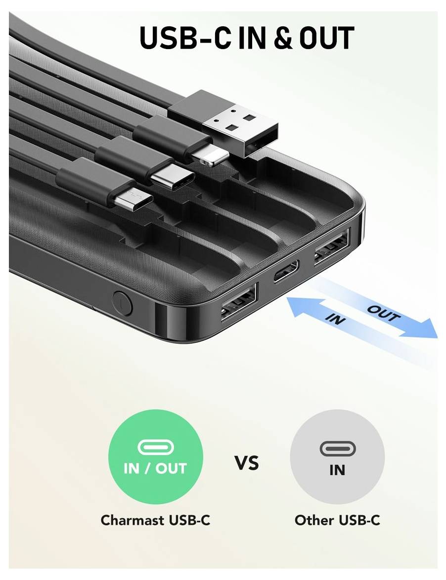 USB-C hub s označením "USB-C IN & OUT" a porovnanie: Charmast USB-C podporuje "IN/OUT", zatiaľ čo iný USB-C je len "IN".
