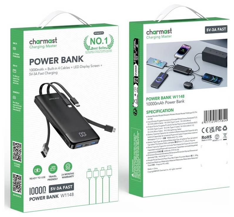 Krabica produktu pre Charmast W1148 powerbanka, ktorá ukazuje 10000mAh 5V-3A rýchlonabíjaciu batériu s vstavanými 4 kabelmi a LED displejom.