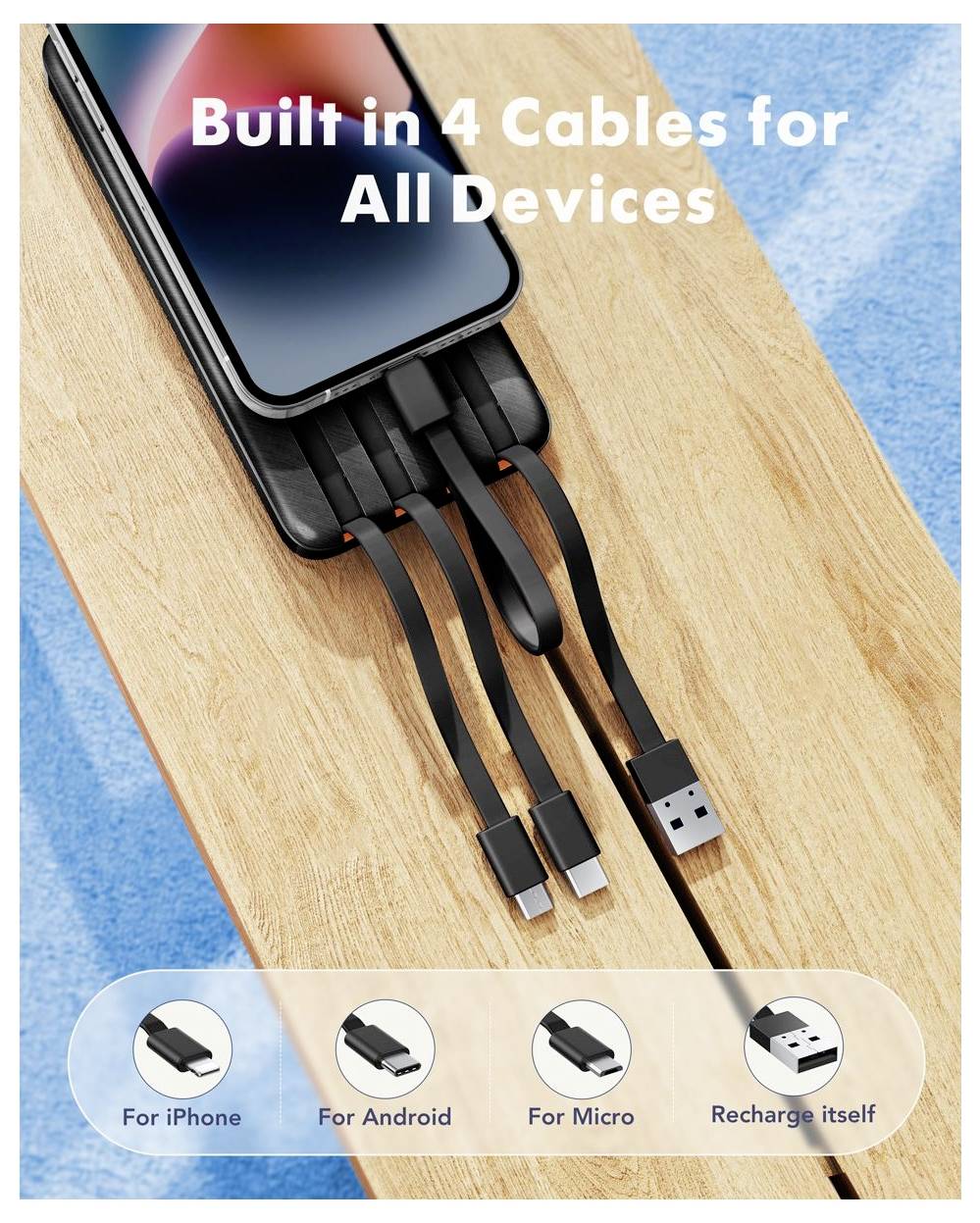 Prenosná powerbanká s vstavanými 4 káblami pre iPhone, Android, Micro USB a sebaosvetľovacou funkcou, zobrazená na telefóne na drevenom povrchu.