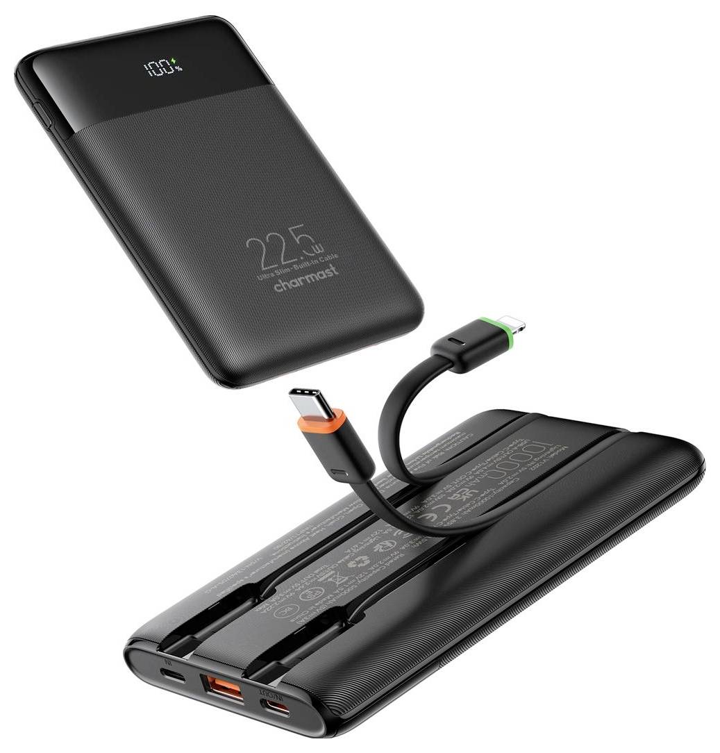 Čierna powerbank s výkonom 22,5W s vstavaným USB-C a Lightning káblom, zobrazená s menšou zhodujúcou sa prenosnou nabíjačkou nad ňou.