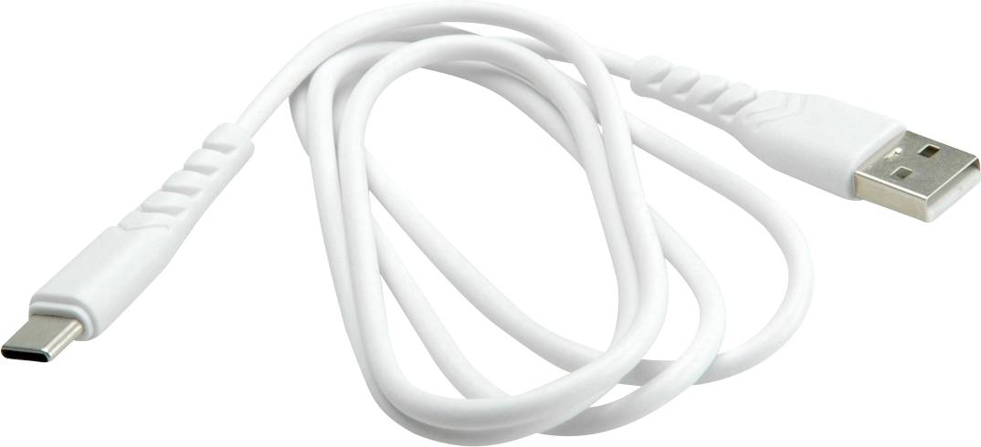Biely USB nabíjací kábel s USB-A konektorom na jednom konci a USB-C konektorom na druhom konci, navinutý na bielom pozadí.