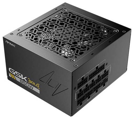 Čierna modulárna zdroj Antec GS-850W Gold s dekoratívnou hornou mriežkou a označenými portami káblov na boku.