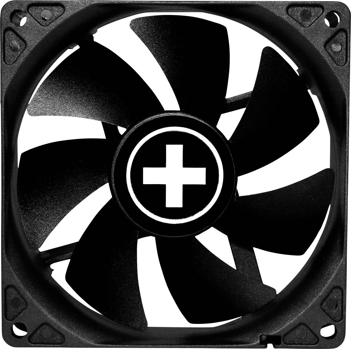 Čierny chladiaci ventilátor s bielym plus znamienkom v strede, zobrazený spredu na bielom pozadí.