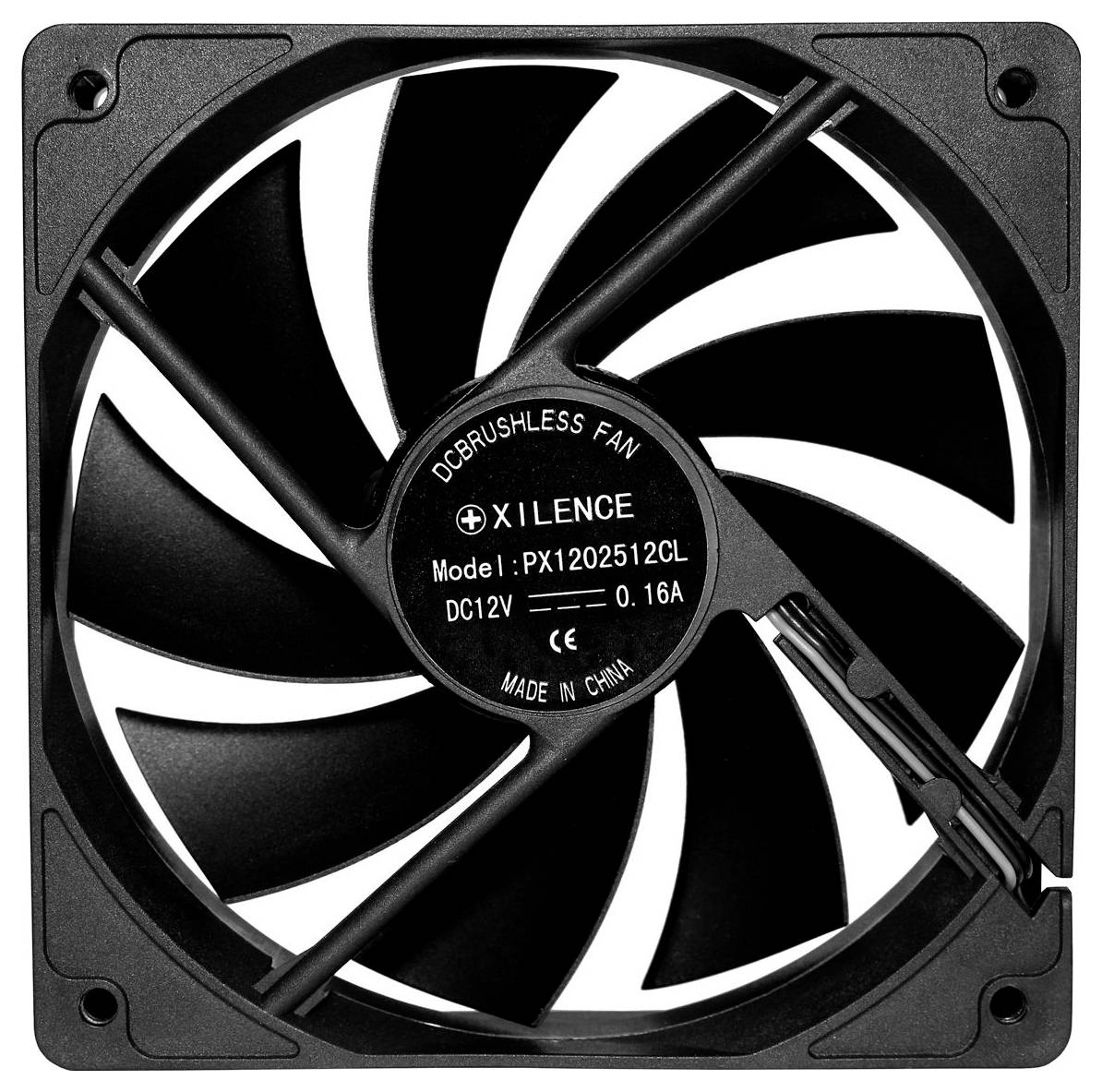 Štvorcový ventilátor počítača Xilence DC bezkefový s čiernymi listami, označený "Model: PX1202512CL", "DC12V" a "0,16A".